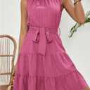 Milumia Women's Frill Mock Neck Sleeveless Dress Belted Tiered Ruffle Hem Summer Short Dresses (Pink, M)