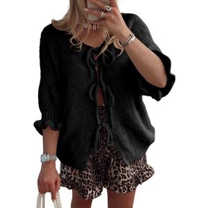 Saodimallsu Womens Tie Front Bow Cardigan Sweaters Lightweight Knit Ruffle Half Sleeve 2025 Trendy Jacket (Small, Black)