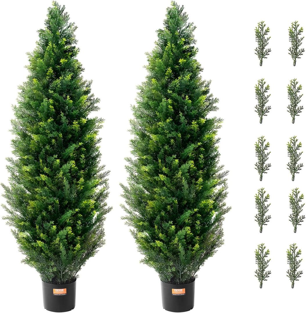 VEVOR Artificial Topiary Cedar Tree, 48 inch Tall (2 Pieces), with Extra Leaves & Pot Faux Evergreen Fake Pine Cypress Trees Plant, UV Rated Artificial Greenery Set for Home Decor Indoor/Outdoor