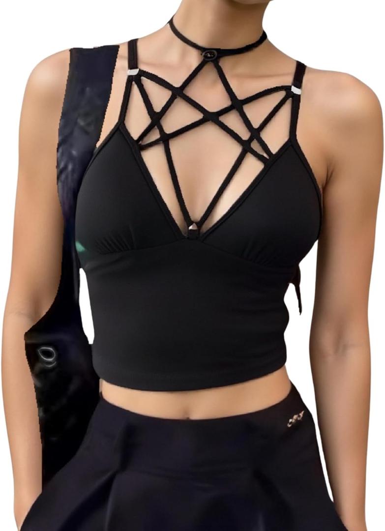 SOLY HUX Gothic Tops for Women Criss Cross Crop Tops Y2K Rave Concert Outfit with Choker Emo Scene Alternative Clothes (Small, Pure Black)