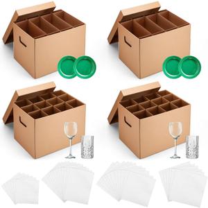 MotiMind 2 Sets Kitchen Moving Boxes with Divider Kits for Dish Glassware Wine Glass Packing with Handle Included 15 x 12 x 10 Inch Cup and Plate Box, Corrugate Dividers, Foam Pouches