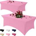 Table Cloth 2 Pack Pink 8FT Spandex Tablecloth for Rectangle Fitted Table Cloths Stretch Covers Washable Wrinkle Free Tablecloths for Festival Camping Picnic Wedding Party