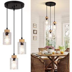 Modern Pendant Lights Kitchen Island, 3-Light Black Pendant Light Fixtures with Clear Hammered Glass Shade, Industrial Farmhouse Hanging Pendant Lights Fixture for Kitchen Island Dining Room Entryway (3-Light-Matte Black-10"(No Assembly Required))