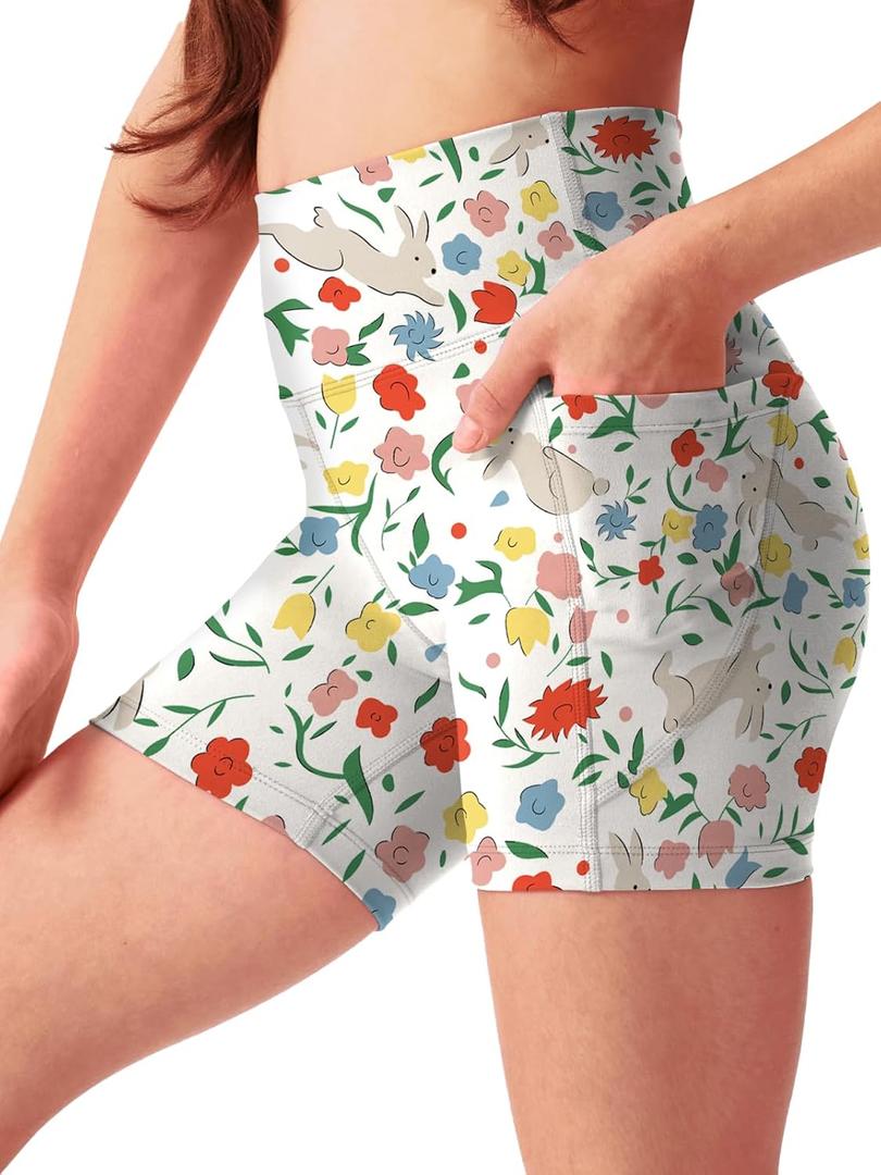 Girls Athletic Biker Shorts 4'' with Pockets, High Waisted Summer Outfit Shorts for Kids Clothes (Medium, Bunny and Flower)