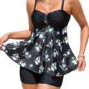 ZAFUL Tankini Swimsuits for Women Tummy Control Two Piece Modest Bathing Suits Floral Skirt Top with Boyshorts (Large, 0547-black)