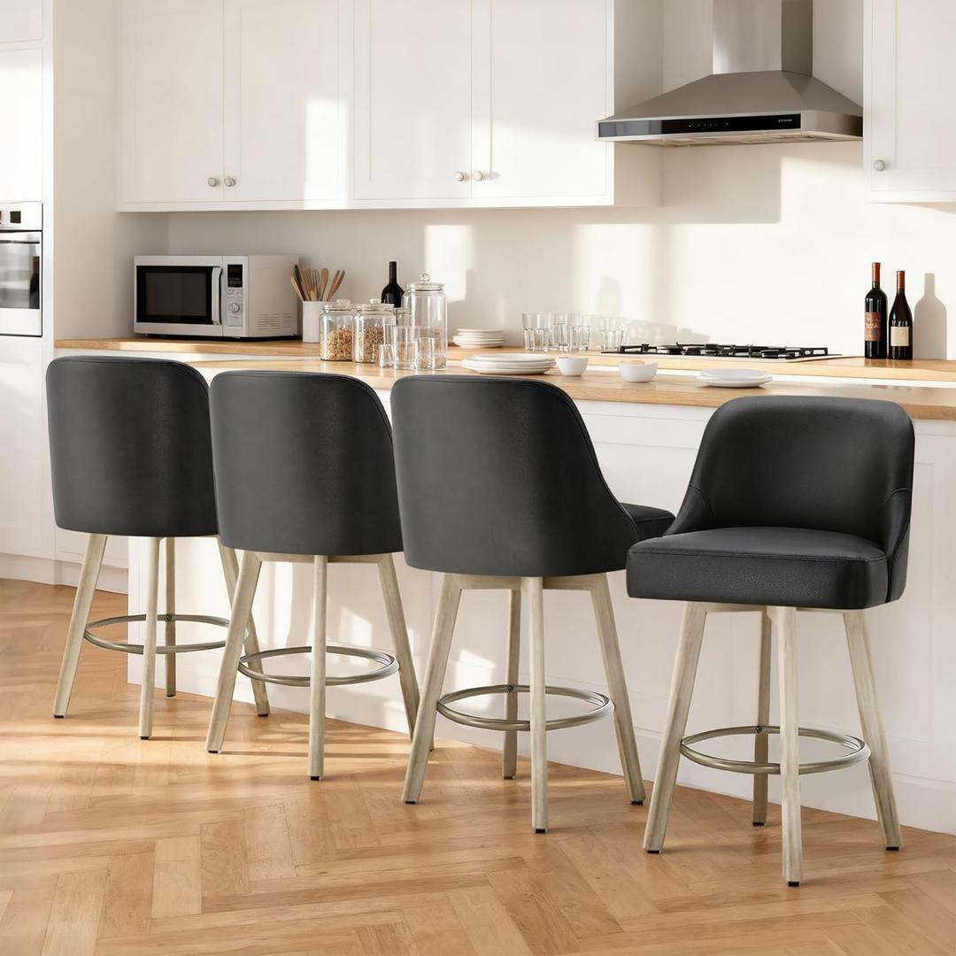 Counter Height Bar Stools Set of 4, Modern Swivel Barstools with Back and Wood Legs, Faux Leather Upholstered Bar Chairs, 26" Seat Height Counter Stools for Kitchen Island,Black