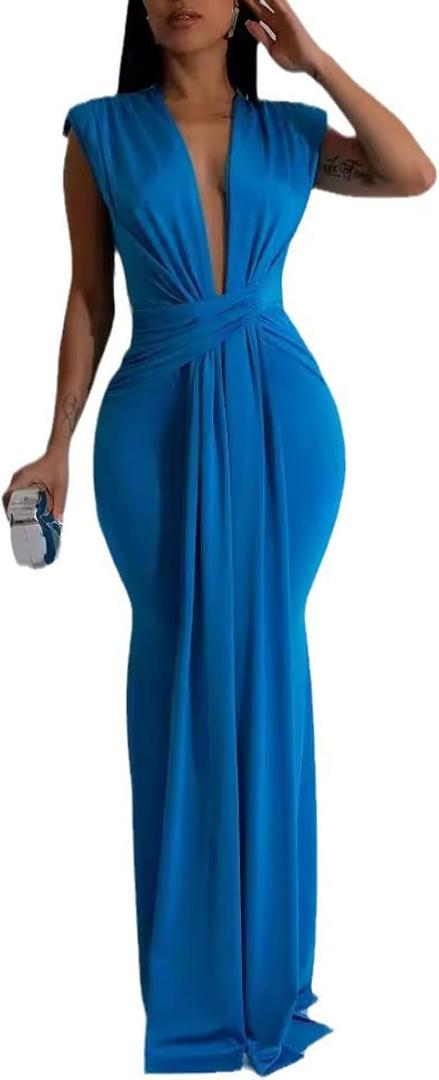 Ekaliy Elegant Bodycon Dresses for Women Deep V Neck Maxi Dress Mermaid Long Dress (Large, Blue)