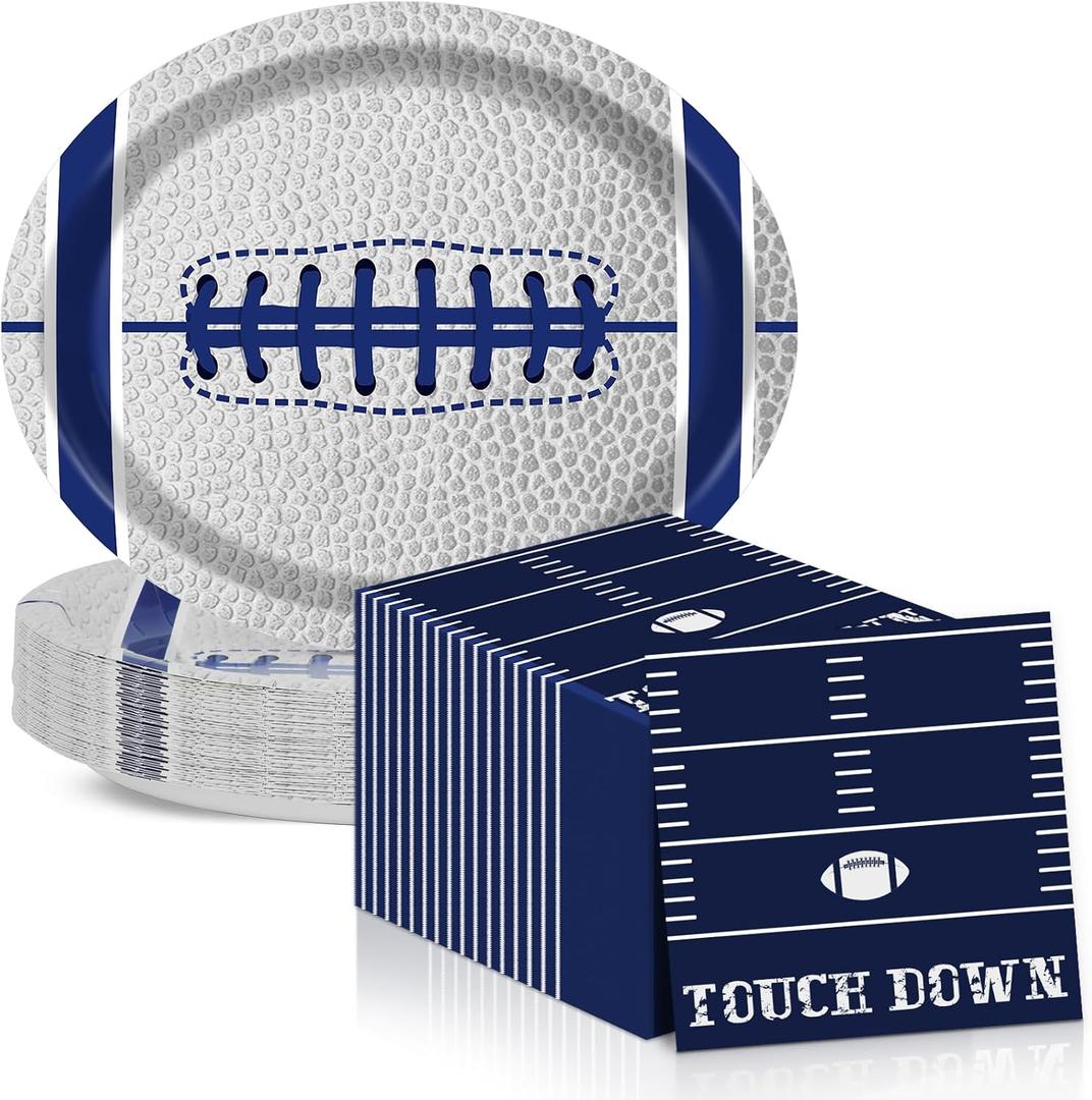 Football Oval Paper Plates Cowboys Party Plates and Napkins Football Party Decorations Game Time Theme Birthday Supplies 11inch Touchdown Dish Tray Dinnerware for Football Game Celebration, 25 Guest
