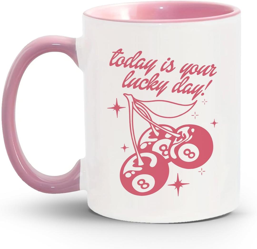 JKMBN Trendy Pink Cherry Coffee Mug, Retro Magic 8 Ball Ceramic Coffee Mugs, Preppy Coffee and Tea Cup, Coquette Gifts for Women Girls, 11oz Ceramic Cup Pink