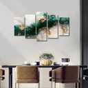5 x 5 Piece Canvas Wall Art Prints - Large Framed Green Abstract Textured Art for Living Room, Emerald Green Gold Fluid Marble Decor - Modern Bedroom Office Decorations
