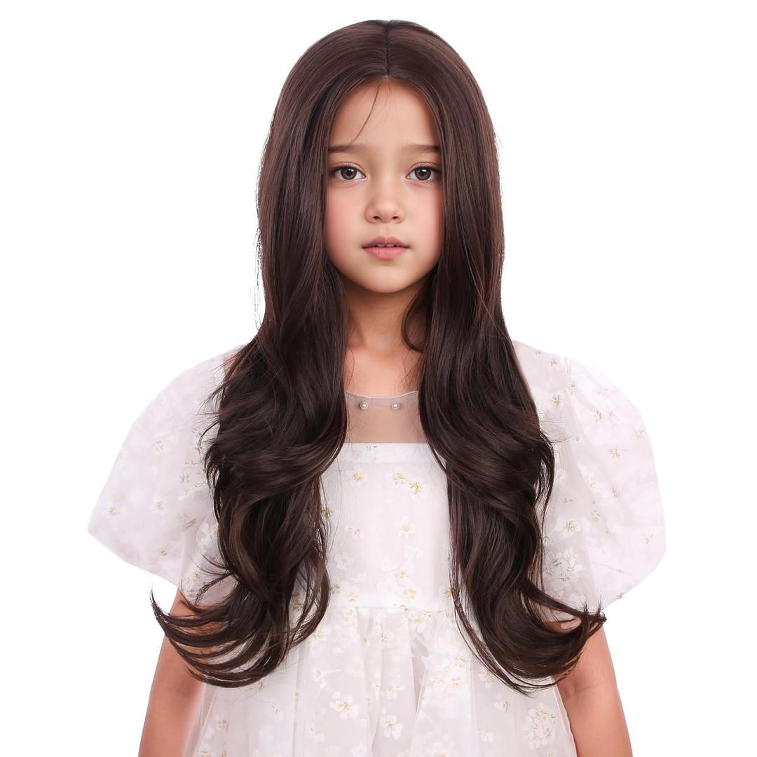 Kids Mixed Brown Wig Child Long Dark Brown Wavy Curly Wig Girls Chocolate Middle Part Wigs Heat Resistant Synthetic Wigs with Cap