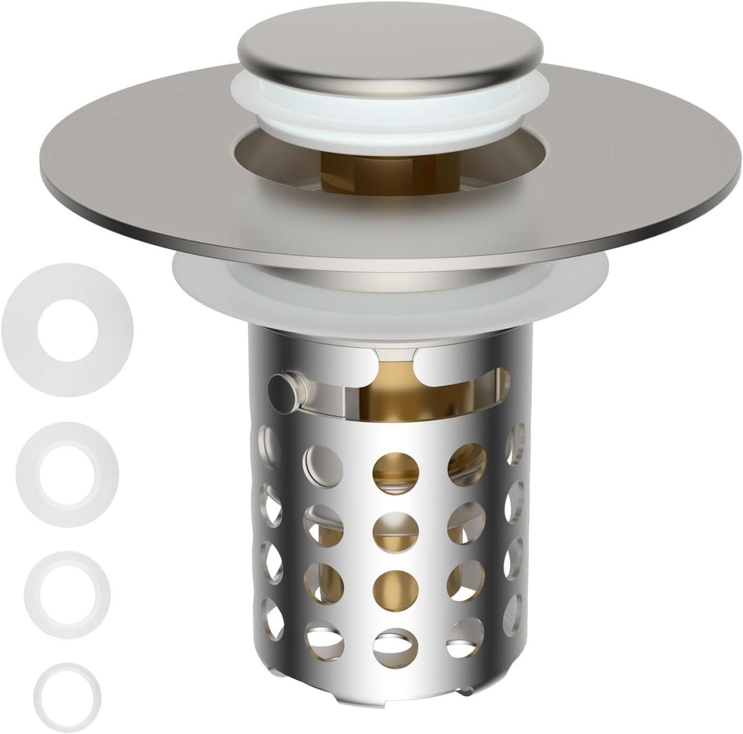 Universal Bathroom Sink Drain Strainer Hair Catcher Upgraded with Removable Stainless Steel Filter Basket, 3 in 1 Pop Up Sink Stopper for 1.1''~2.36'' Sink Basin Hole, Brushed Nickel