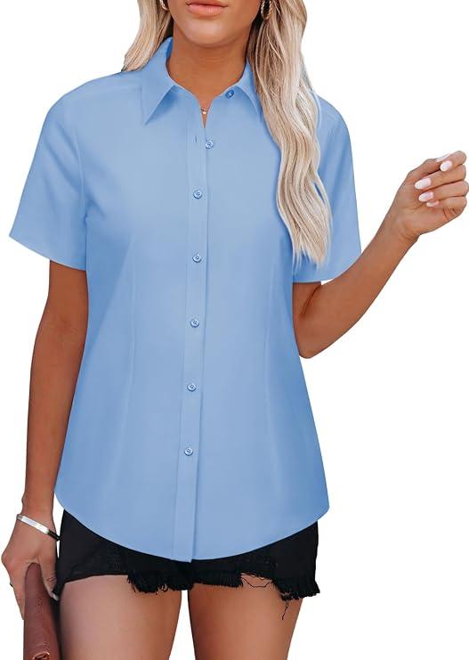 Siliteelon Light Blue Shirts for Women Stain-Resistant Button Down Shirt Short Sleeve Dress Shirt Easy Care Business Casual Tops Work Blouse, XL