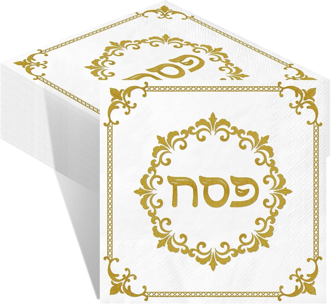 Crtiin 100 Pcs Passover Embroidery Print Napkins Happy Passover 13" Disposable Pesach Napkins for Seder, Holiday Party, Family Dinner(Gold)