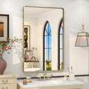 24x36 Inch Gold Framed Bathroom Mirror, Brushed Gold Metal Vanity Mirror, Gold Rectangle Mirror for Wall, Rounded Corner, Tempered Glass, Anti-Rust, Shatterproof (Horizontal/Vertical)