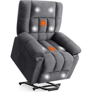 DUMOS Power Lift Recliner Chair with Vibration Massage and Heat for Elderly, Ergonomic Overstuffed Breathable Fabric Reclining Chair with 3 Pockets, Remote Control, Living Room, Bedroom, Grey