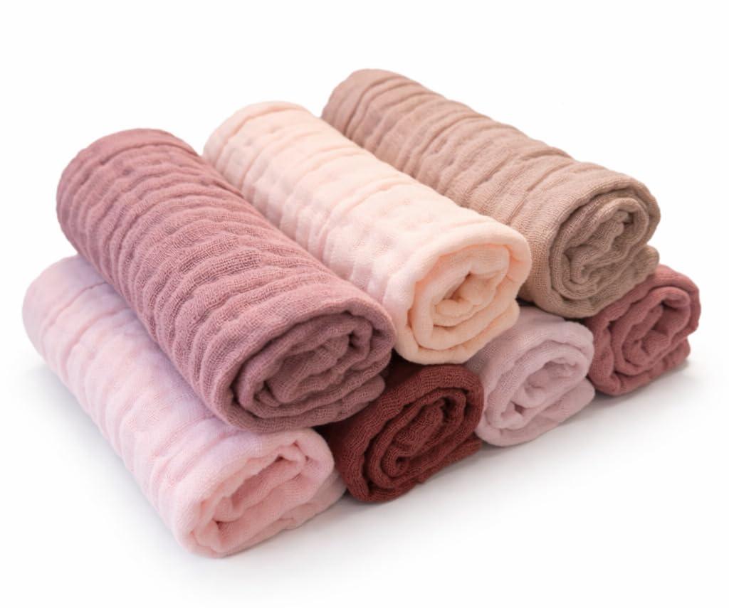 3 x Kestel Baby Washcloths, 7-Pack 100% Muslin Cotton Soft & Absorbent, 12"x12" (Pink)