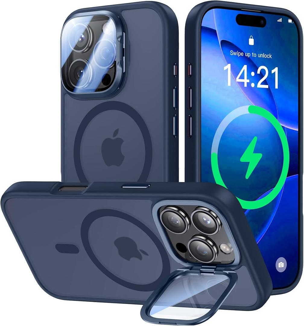 [Upgraded] for iPhone 16 Pro Max Case with Camera Cover Stand [Fit for MagSafe][9H Camera Lens Protector] Mil-Grade Protection Translucent Magnetic iPhone 16 Pro Max Phone Case, Blue