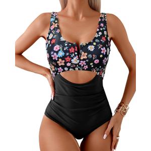 HXN Women's One Piece Swimsuit Tummy Control Bathing Suit Color Block Cutout Slimming Swim Suit Swimwear 2025 (Black, M)