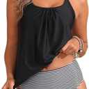Tempt Me Blouson Two Piece Tankini Swimsuits for Women Tummy Control Bathing Suits with Bottoms Modest Loose Fit Swimwear Large, Black 