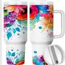 40oz Travel Mug Tumbler for Mom,Christmas, Birthday, and Mother's Day Gift from Daughter Son, Double Wall Vacuum Insulated with Handle,Colorful Floral Design (Pack of 1)