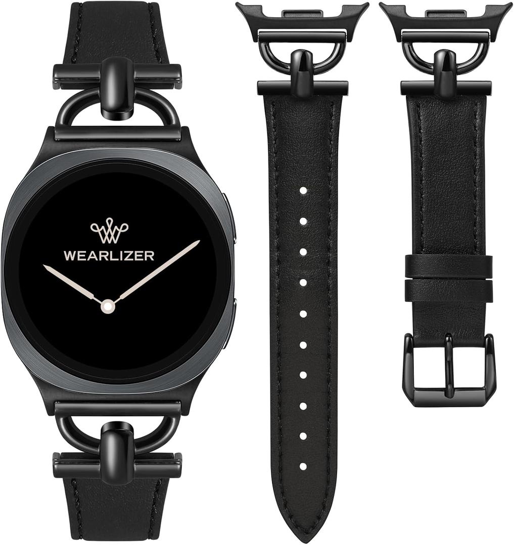 Wearlizer Leather Bands Compatible with Samsung Galaxy Watch 8 Band 40mm 44mm/Watch 8 Classic 46mm, Dressy Designer Slim Leather Strap Wristband Accessories with D-Shape Metal Buckle for Women (Black/Black)