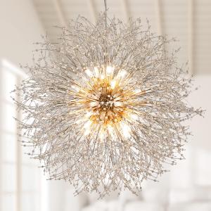 Gold Crystal Chandeliers Dandelion, 31.4" Steel Firework Chandelier Large Lighting, 16-Light Modern Sputnik Pendant Light Fixture for Living Room Bedroom