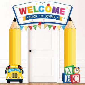 3Pcs Back to School Decorations First Day of School door Banner Welcome Back Banner Pencil Shape Hanging Porch Sign Bus book Yellow Photo Backdrop for Indoor Outdoor Classroom Party Wall Decor