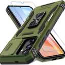 DEERLAMN Case for Samsung Galaxy S25 6.2-Inch with Slide Camera Cover+Screen Protector (1 Pack), Rotated Ring Kickstand Military Grade Shockproof Protective Cover-Olive Green