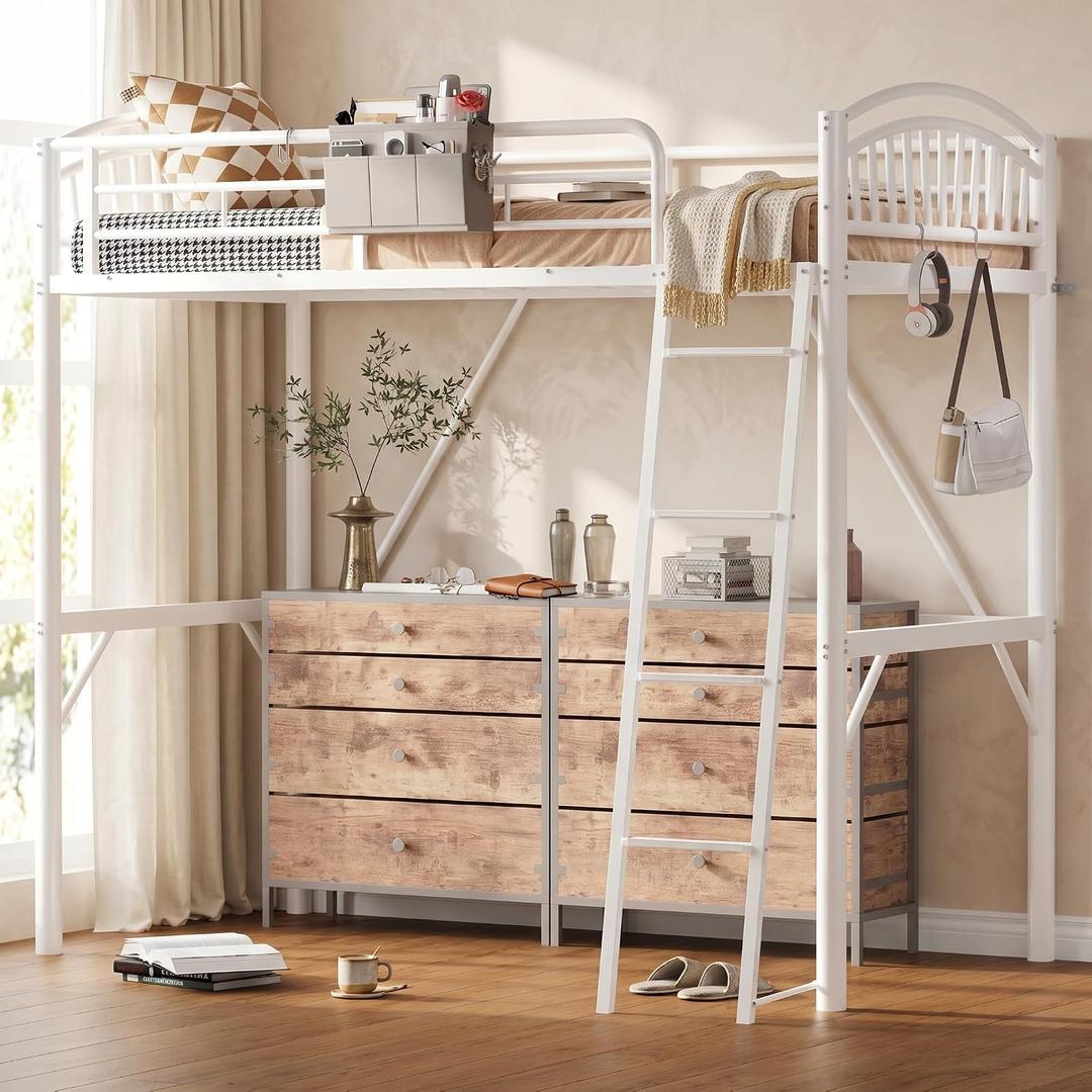 Decofy Metal Loft Bed Twin Size, Heavy Duty Loft Bed with Bedside Caddy, EVA Anti-Slip Ladder with Sturdy Guardrails, Space-Saving Twin Size Loft Bed for Teens & Adults for Bedroom Dorm (White)