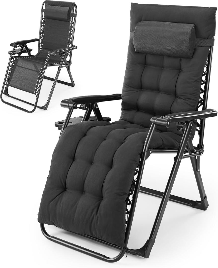 NEWBULIG Zero Gravity Chair, Folding Outdoor Patio Recliner, Reclining Camping Lounge Chair with Cup Holder Trays and Removable Cushion for Indoor Outdoor Beach