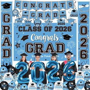 Graduation Decorations Class of 2026 Set - Sky Blue Themed Congrats Grad Banner & Backdrop, Hanging Swirls, Porch Sign, Balloons, Foil Number 2026 for High School & College Celebrations