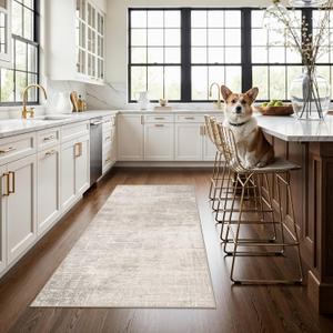 Washable 3x5 Kitchen Area Rug: Non-Slip Abstract Water-Resistant Entryway Doormat Soft Sink Fridge Bedroom Carpet Low Pile Stain-Resistant Bathroom Laundry Neutral Faded Floor Mat(3X5,Beige/Cream)
