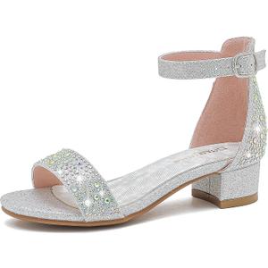 Dufannie Girls Sandals Low Heels Dress Pump Ankle Strap Open Toe Flower Girl Wedding Party for Toddler Little Big Kid (Silver)