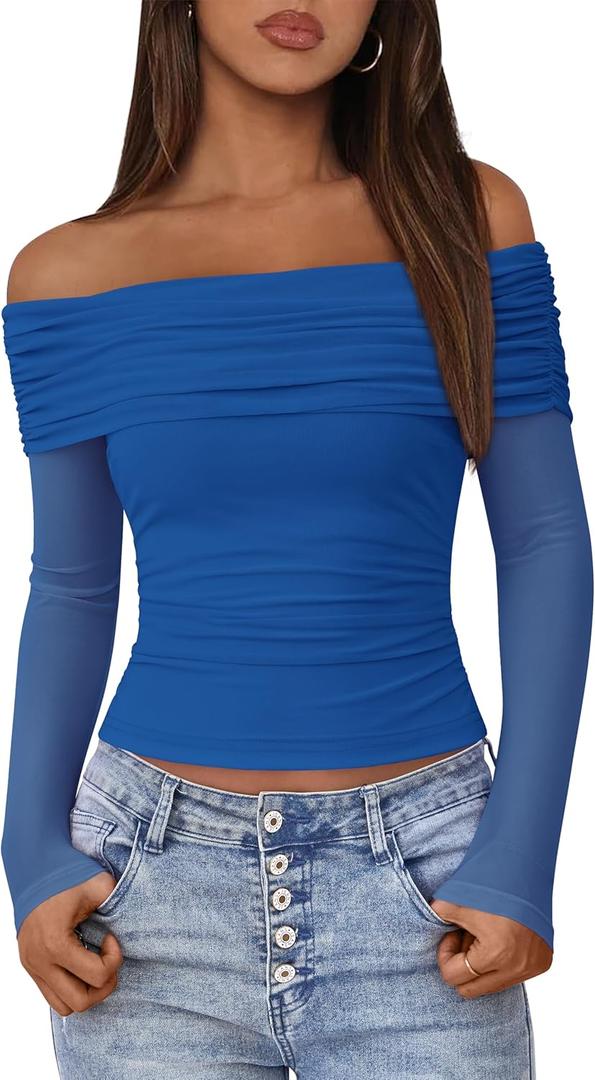 BTFBM Women's Long Sleeve Shirts 2025 Fall Crop Going Out Tops Mesh Ruched Casual Off Shoulder Blouses Y2K Clothes (Blue, XL)
