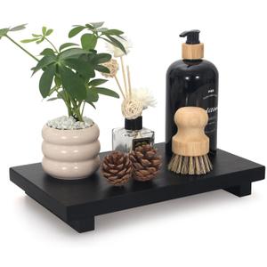 Black Bathroom Counter Tray Organizer Wood Risers Stand Kitchen Sink Trays Dish Soap Dispenser Holder for Countertop Modern Wooden Pedestal Display Farmhouse Bathroom Decor Accessories Vanity Tray (12" x 7" x 1.6")