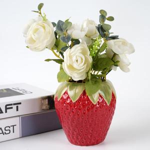 Ceramic Strawberry Vase, Cute Fresh Flowers Vases, Small Fruit Vases for Strawberry Party, Kitchen Decor (Red)