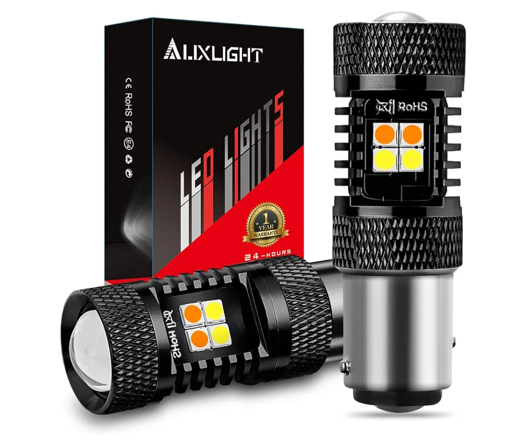 AUXLIGHT 1157 2057 2357 7528 BAY15D P21/5W Switchback LED Bulbs 16SMD Chipsets Parking Lights/Daytime Running Lights/DRL and Turn Signal Lights with Projector replacement, White/Amber (Pack of 2)