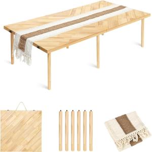 Milostelom Folding Picnic Table 44x22in, Solid Wood Portable Low Floor, Mortise & Tenon Joints, Adjustable Height, Boho for Beach Camping Garden Party, Runner Included, Seats 4-6