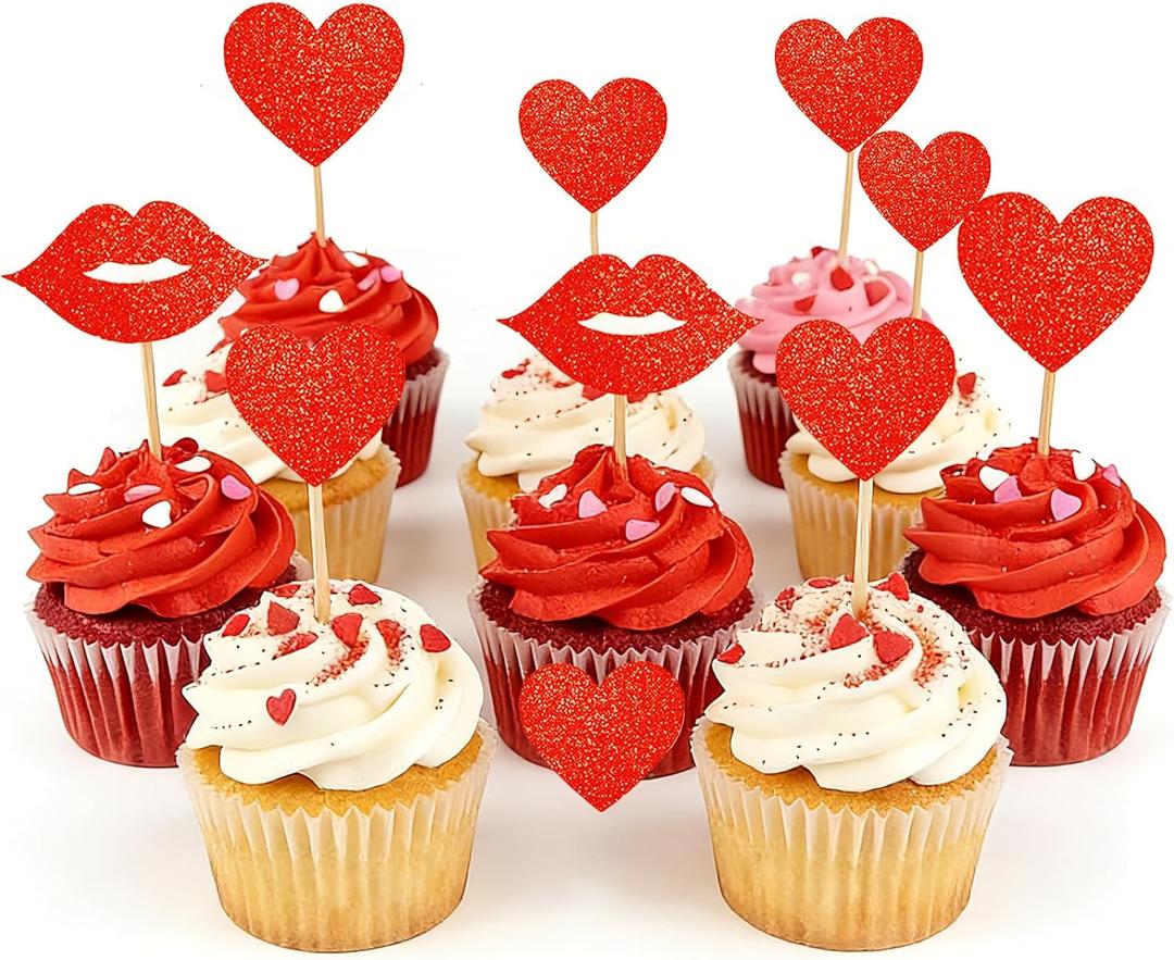 40Pcs Valentines Cupcake Toppers Red Heart & Lips Glitter Love Picks for Valentine's Day Anniversary Wedding Birthday Party Cake Decorations