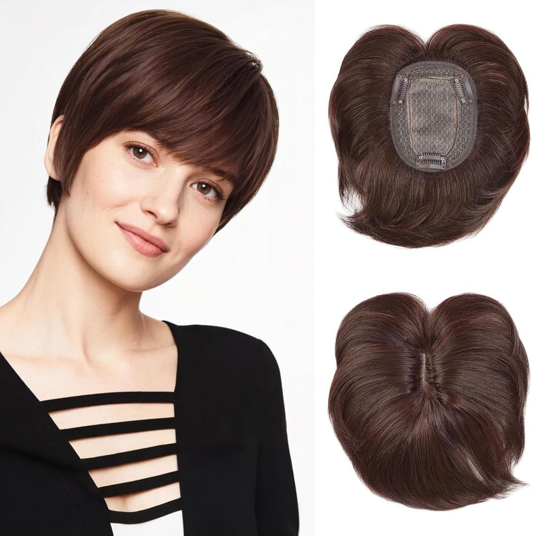 BECUS Short Brown Hair Topper for Women with Thinning Hair Clip in Pixie Cut Hairpiece with Bangs Natural Look (Dark Brown)