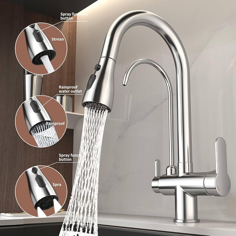 Kitchen Sink Faucet with Pull - Down Sprayer, 2 - Handle 3 - in - 1 Kitchen Sink Filter Faucet, Cold and Hot Mixer Drinking Water Faucet (3-in-1 Filter Faucet, Silver)