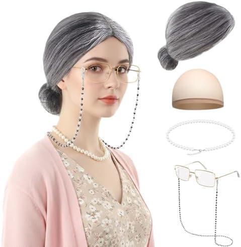 RSOEUG Old Lady Costume for Women, 5 PCS Kids 100 Days of School Grandma Wig Costume Halloween Girls Adults Cosplay Accessories Set (Gray Bun)