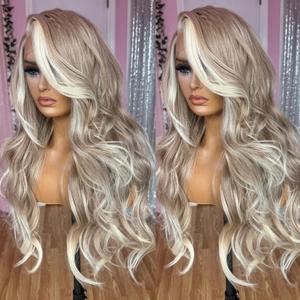 Beige Brown Ombre Platinum Blonde Long Wavy Synthetic Lace Front Wig Pre Plucked Skunk Stripe Highlight White Blonde Ash Brown Glueless 13x4 Lace Front Wigs for Women 24 Inches