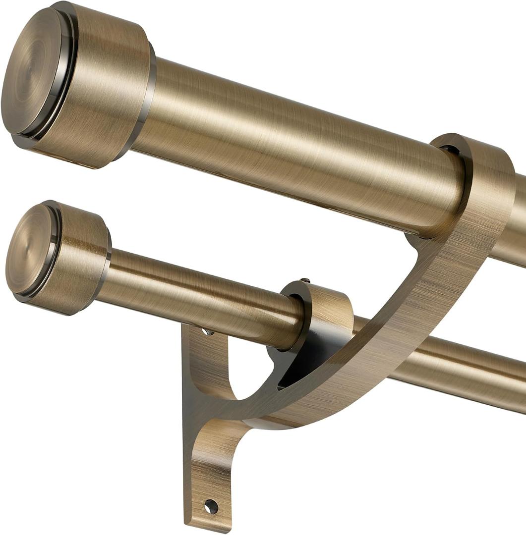 Double Curtain Rods with Aluminum Bouquet Brackets and Finials, Antique Bronze Curtain Rods for Windows 36-72'',1''Front and 5/8''Back Double Drapery Rods for Blackout and Sheer Curtain Panels