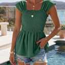 HEYTALALA Womens Cap Sleeve Peplum Tops Square Neck Smocked Babydoll Blouse Ruffle Loose Fit Tunic Top Dressy Tee Shirts (Green, M)