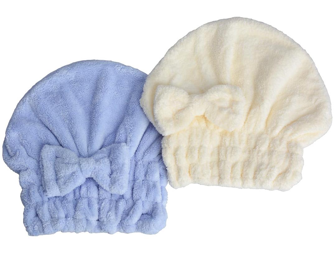 Microfiber Hair Drying Towels Head wrap with Bow-Knot Shower Cap Hair Turban hairWrap Bath Cap for Curly Long & Wet Hair Gift for Women 2pack (Blue+white)