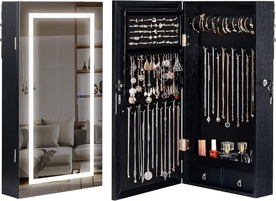 LAVIEVERT Lockable Jewelry Cabinet Armoire with LED Lighted Mirror - Black
Wall/Door Mounted Frameless Mirror with 3 Colored Lights, Space-Saving Hanging Jewelry Storage Organizer with 2 Drawers