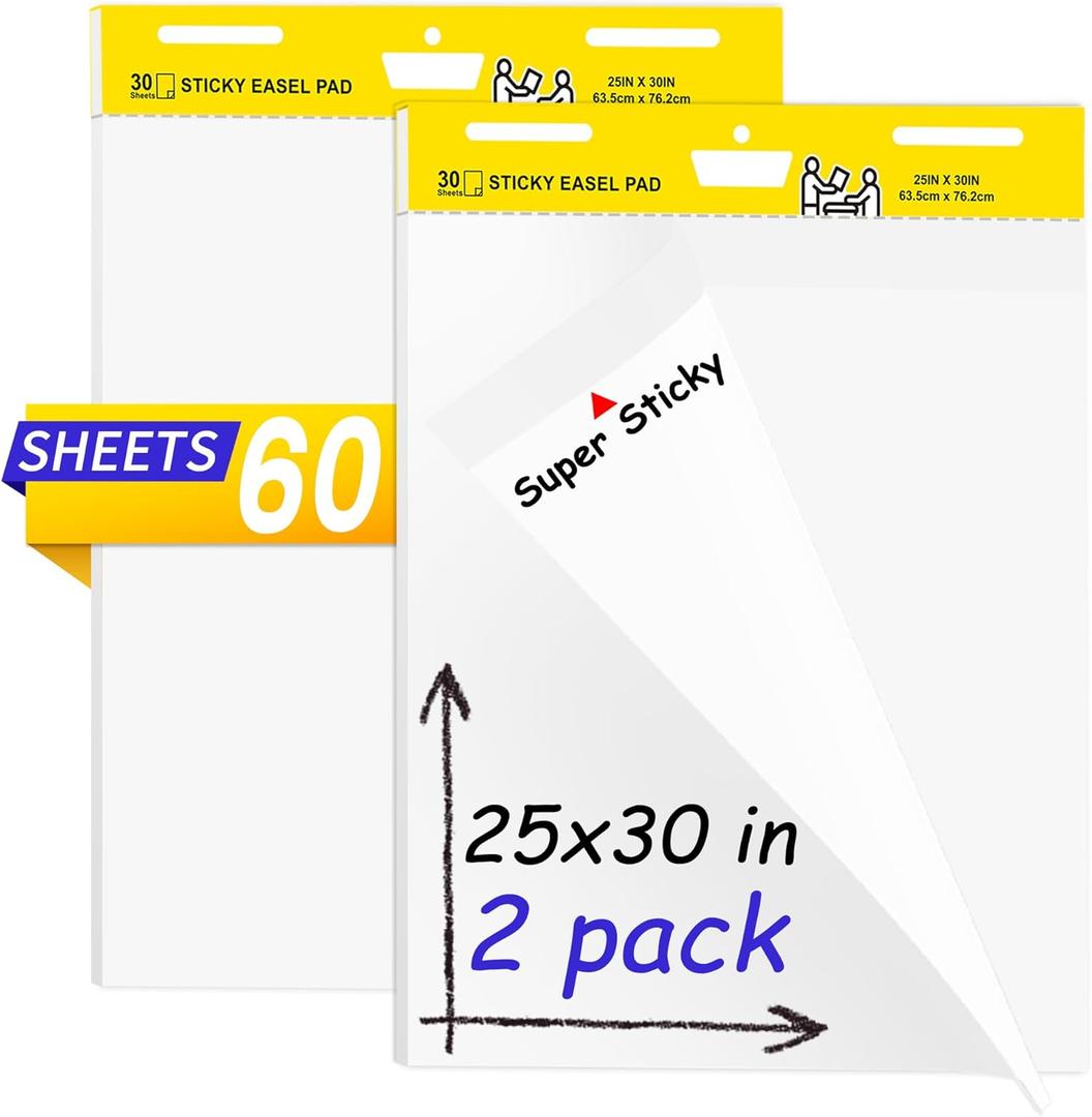 2 Pack Sticky Easel Pads,25 x 30 Inches Flip Chart Paper for Teachers,Self Stick Easel Paper for White Board,Large White Premium Self Stick Flip Chart Paper,30 Sheets/Pad