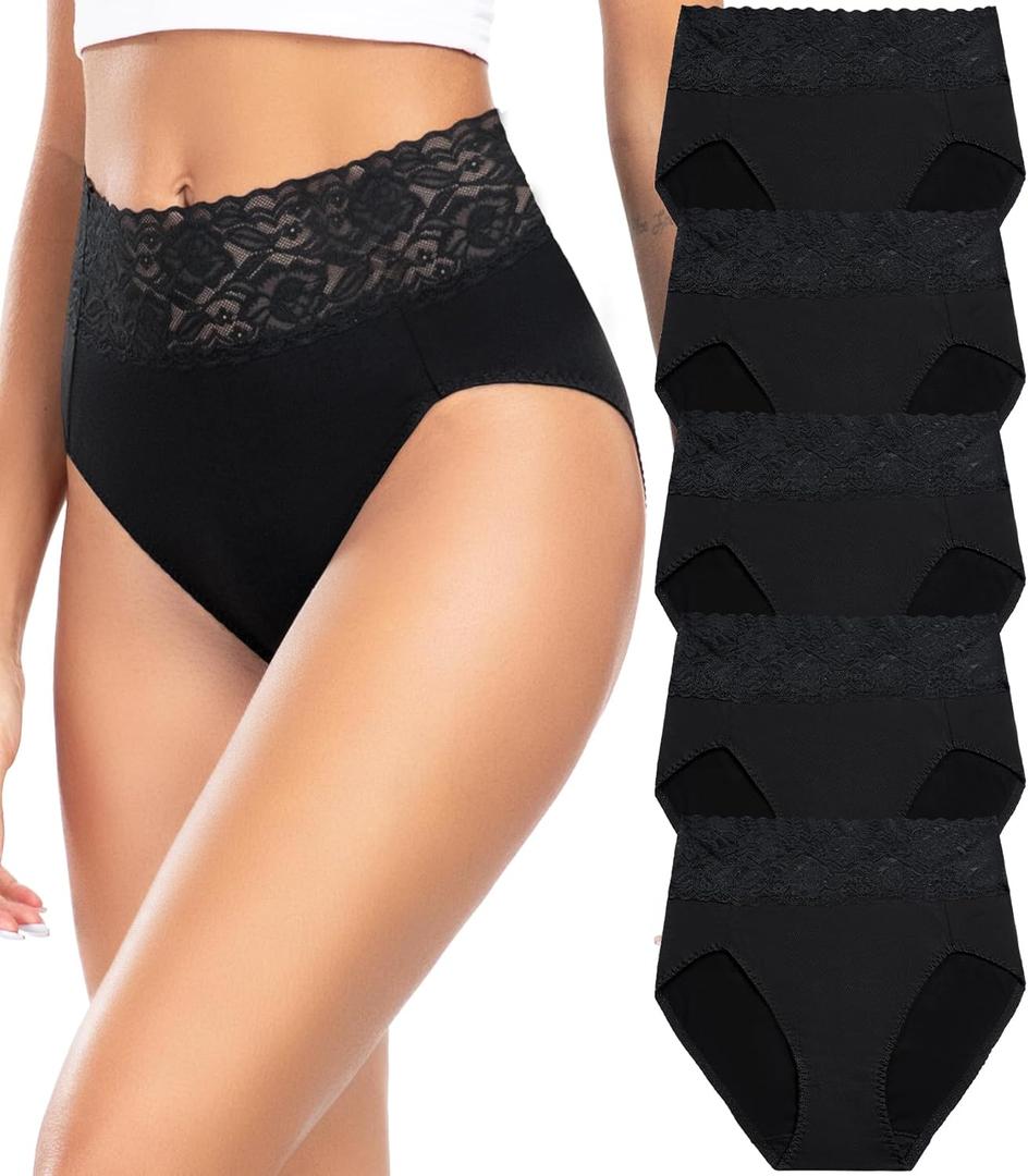 Wealurre Womens Underwear Cotton Bikini Panties for Women High Waisted Lace Hipster Stretch Briefs for Ladies 5 Pack (Large, Black)